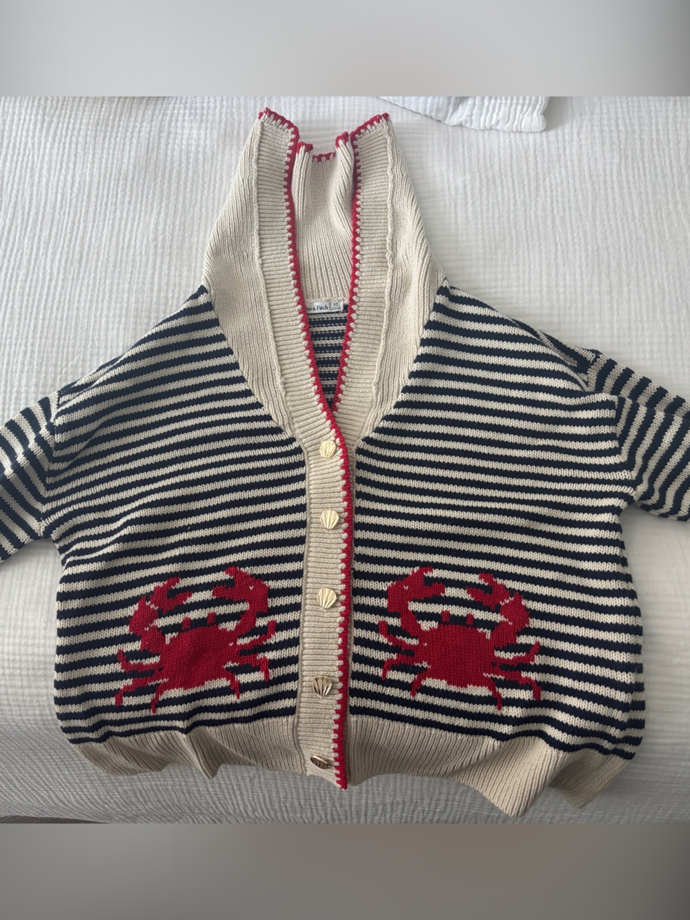 Striped Navy & Cream Kids Hooded Cardigan with Red Crab Accent